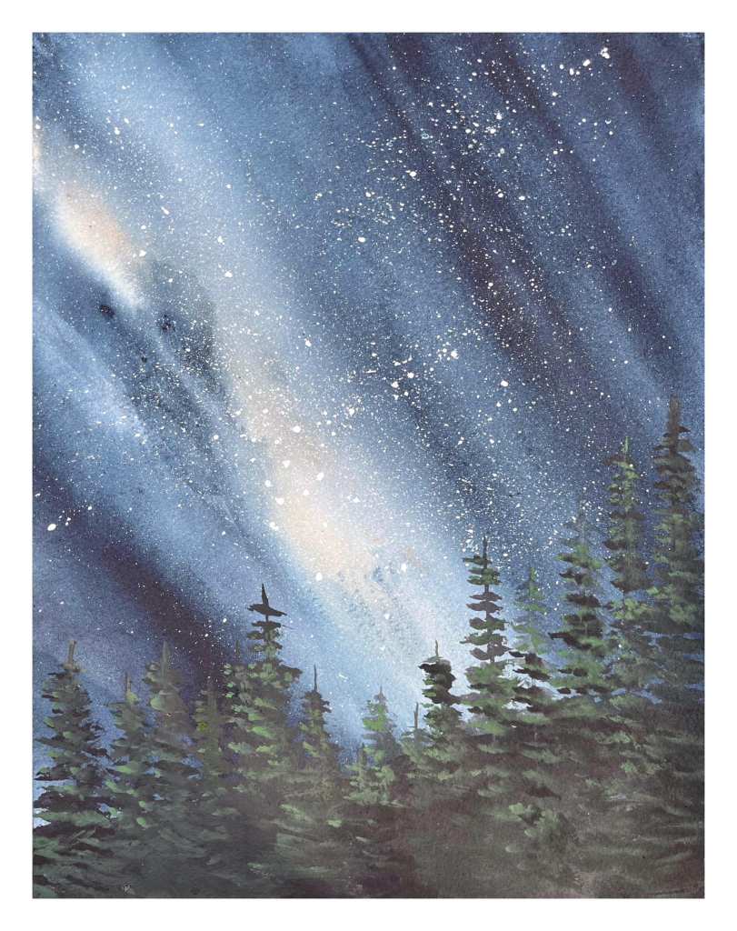 Painting of a boreal forest with the northern lights.
