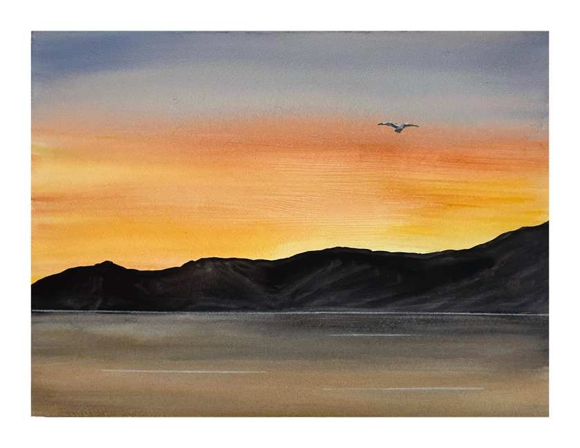 Painting of a gull flying across Fox Lake, Yukon. at midnight at summer solstice.